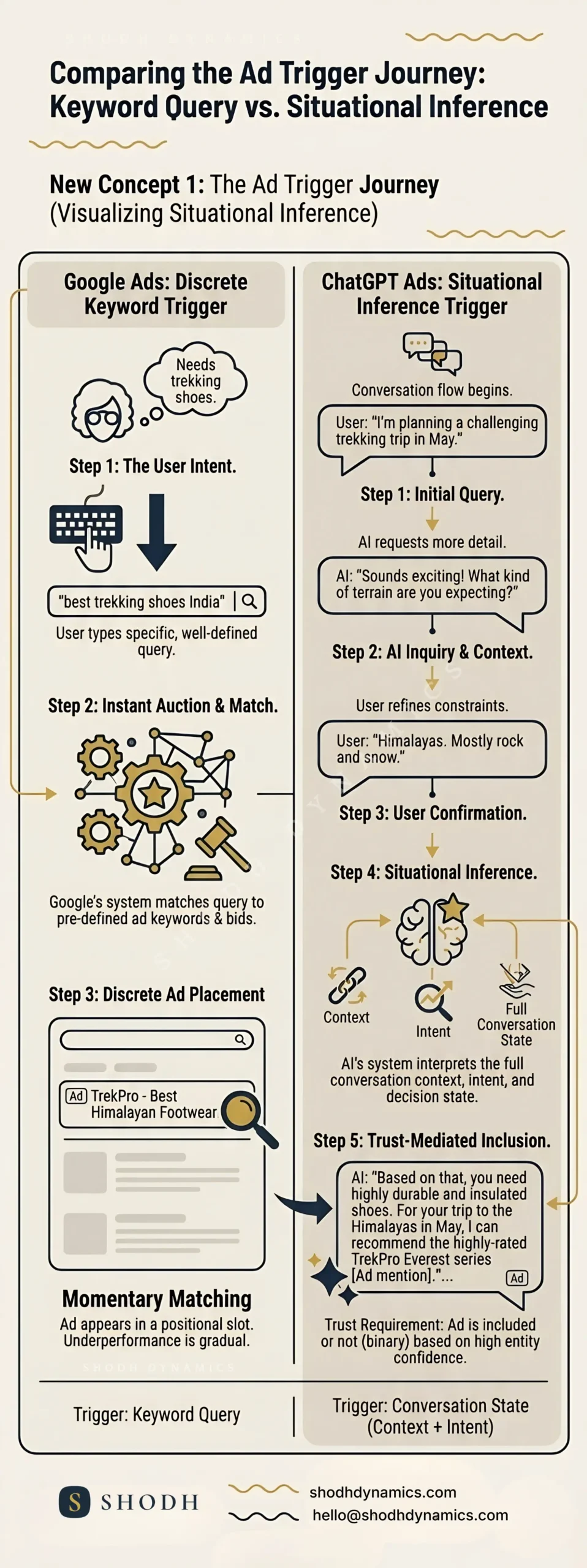 A side-by-side workflow comparison showing how Google Ads triggers from discrete keyword queries versus how ChatGPT Ads triggers from evolving conversation states and situational inference.